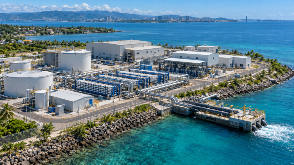 AI-generated aerial illustration of a coastal desalination plant, showing water treatment facilities and seawater intake infrastructure.