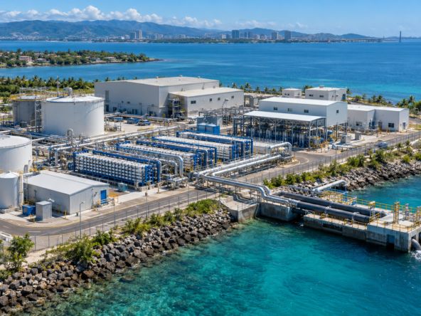 AI-generated aerial illustration of a coastal desalination plant, showing water treatment facilities and seawater intake infrastructure.