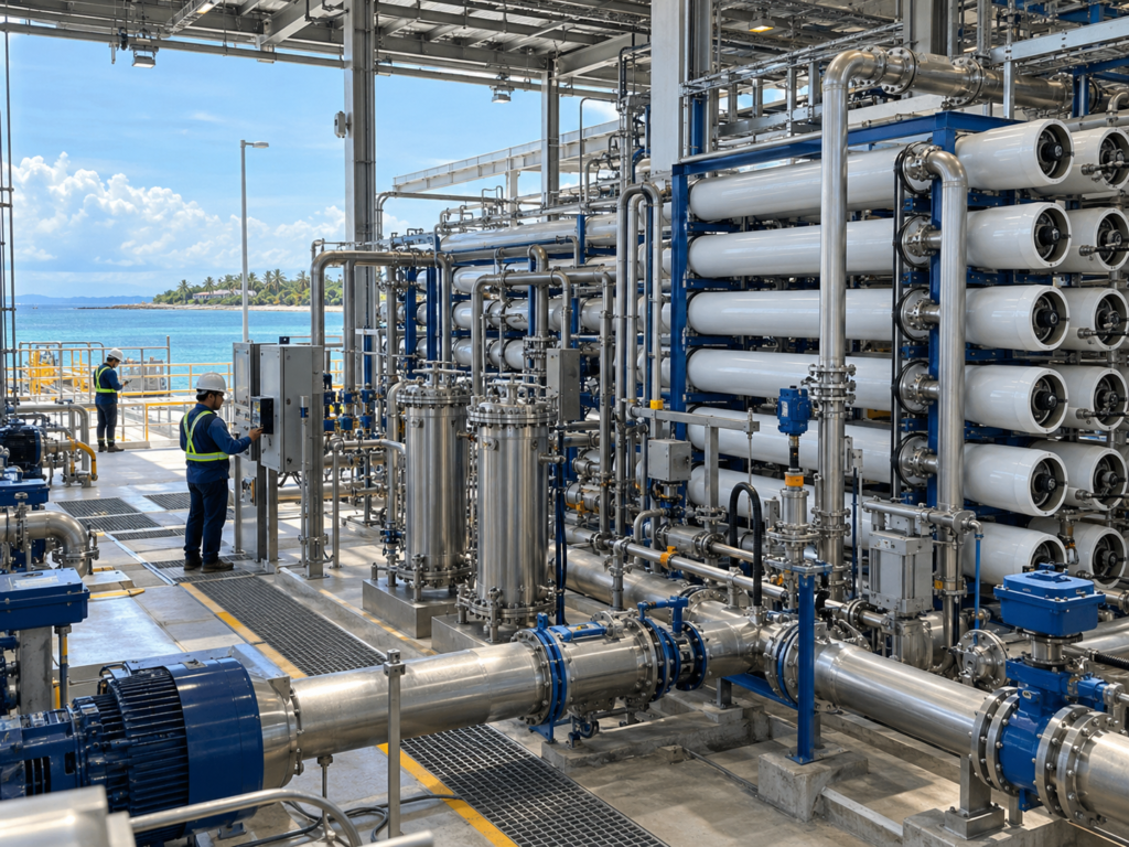 Illustration of a seawater desalination plant with reverse osmosis filtration equipment, industrial piping, and technicians.